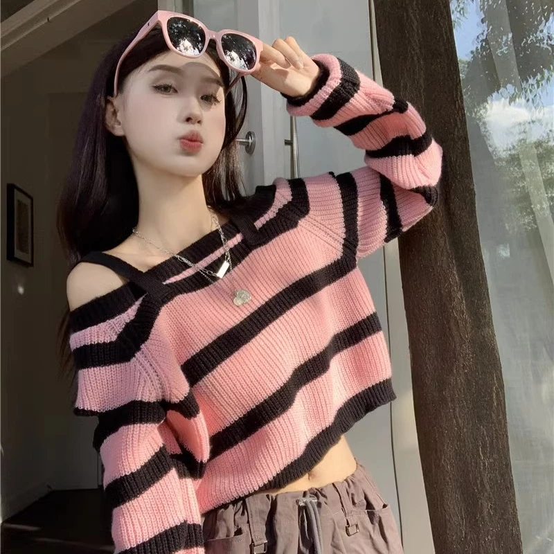 【七言丝】2023新款秋季高级感吊带露肩条纹撞色长袖上衣设计感小