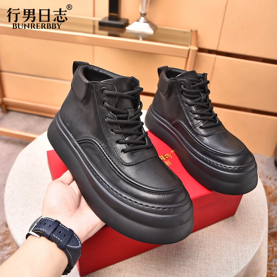 2024年新款【广州高端】冬季加绒真皮马丁靴男黑色厚底增高牛皮靴子