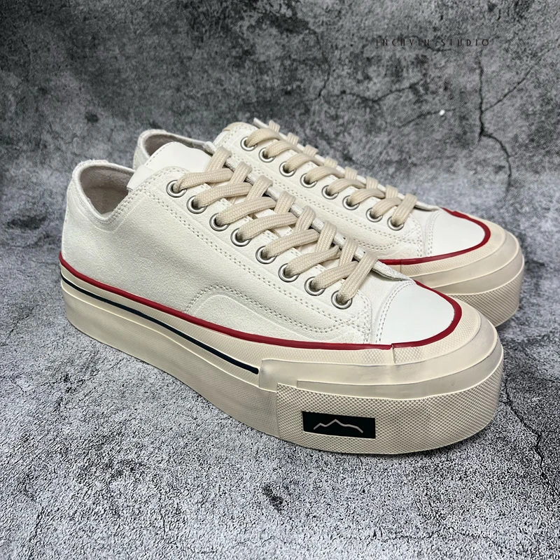 日系风手工里外磨砂牛皮男士硫化休闲鞋男叠层厚底复古皮质