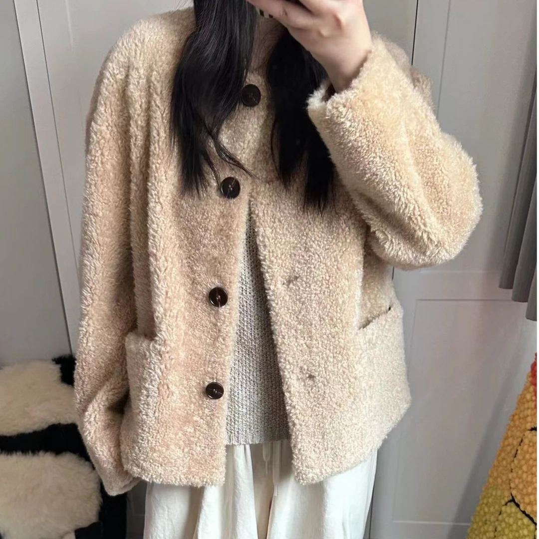 珍珠拉贡Lacon原生态皮毛一体整皮细腻真拉贡中古风外套时尚简约