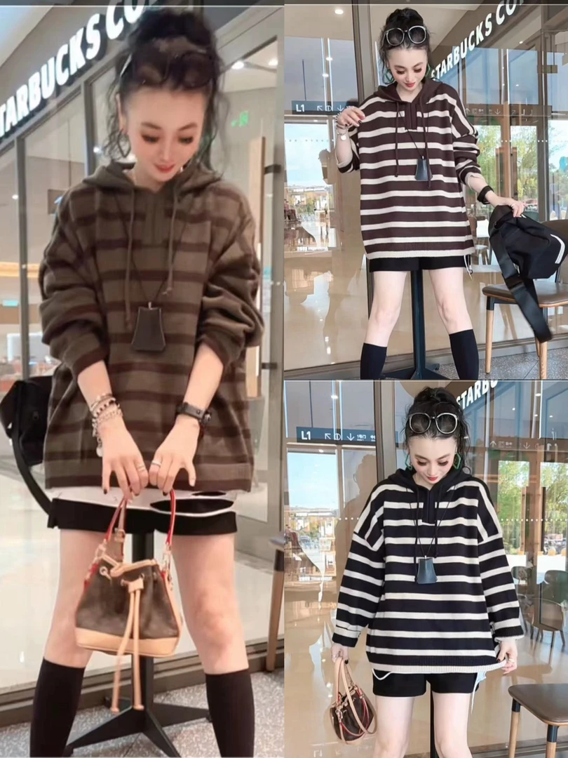 【小虹虹商贸】2024秋冬新款拼色条纹带帽休闲宽松大版套头针织衫