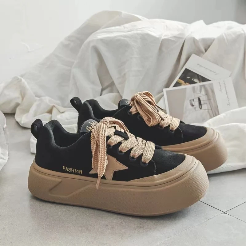 A165 黑色 美式复古厚底面包鞋女2024秋冬新款百搭增高大头板鞋