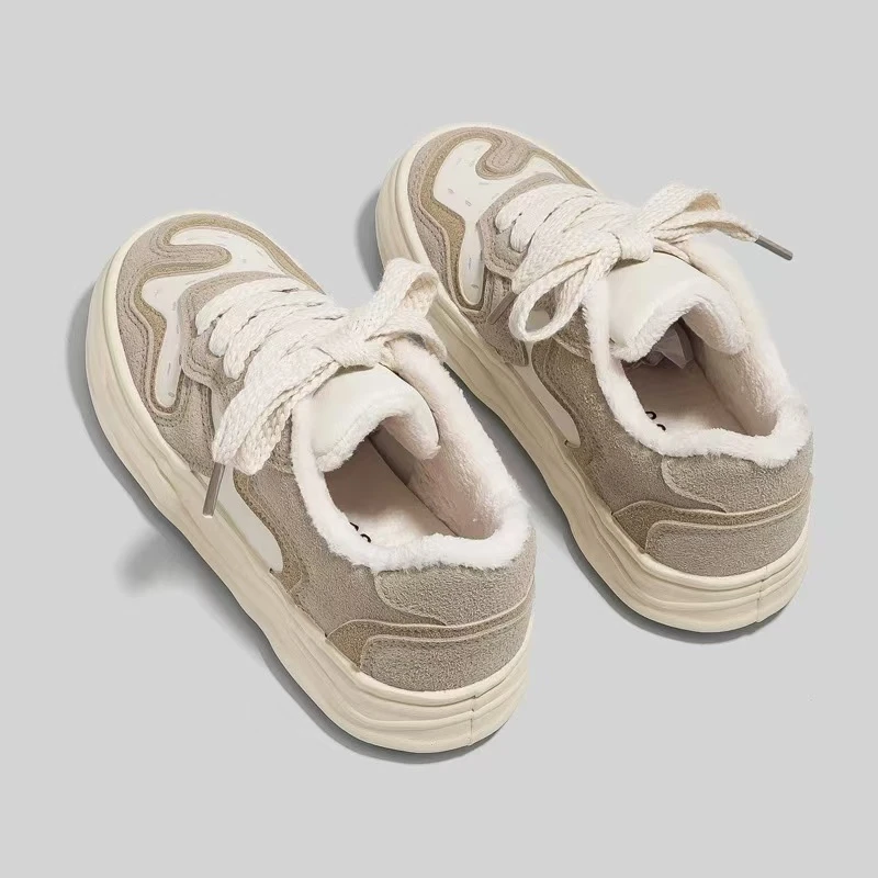 2872 米卡其 加绒保暖小白鞋女2024新款厚底二棉鞋休闲运动板鞋