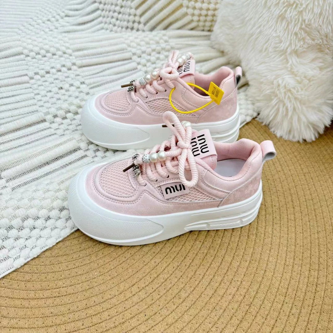 6834 粉色 厚底网面透气板鞋女2024新款小白鞋小众设计休闲女鞋