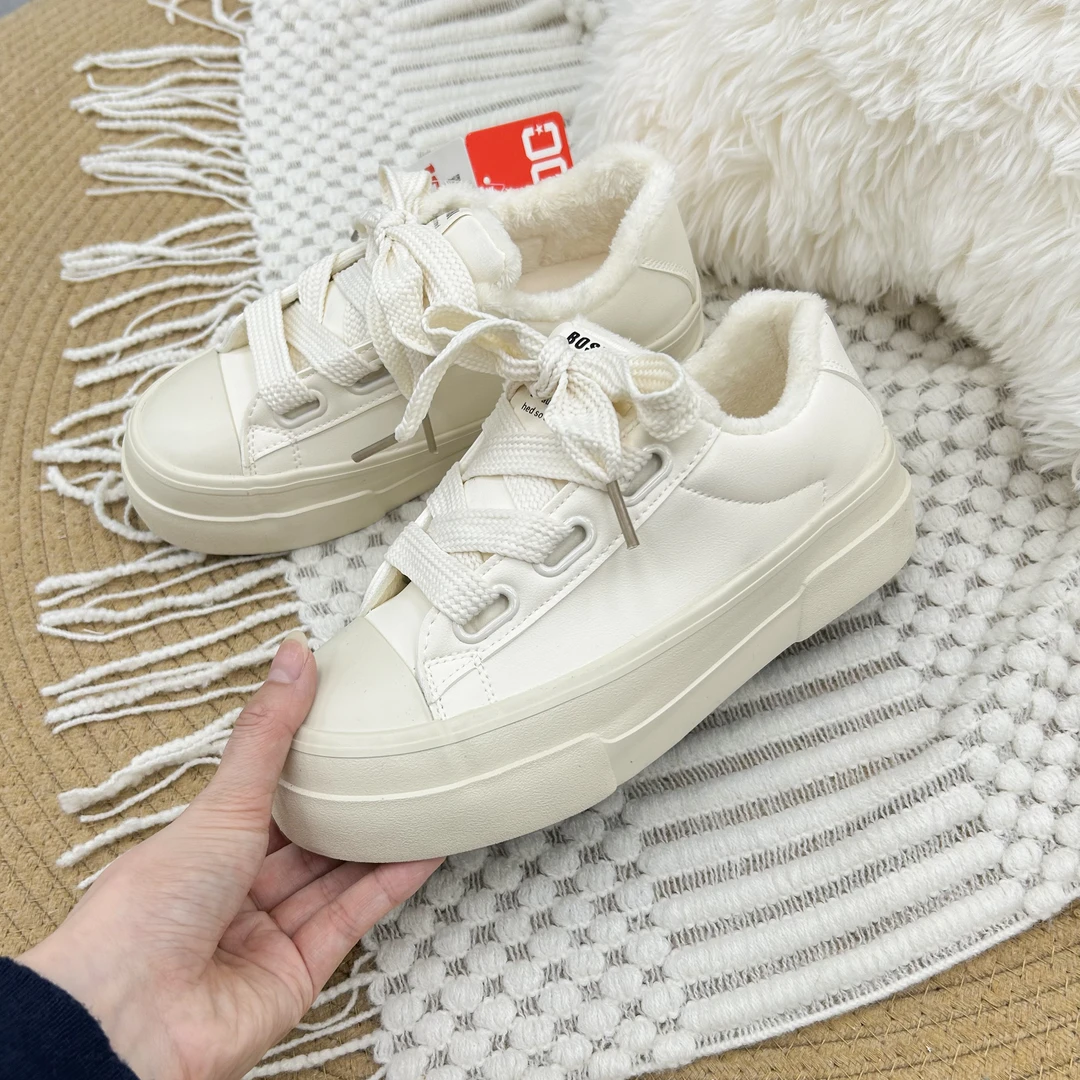 B-9236 米色 加绒韩版百搭板鞋女2024新款厚底休闲小白鞋学生女鞋