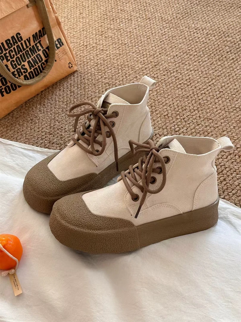 3275 米白厚底休闲板鞋女2024新款学生小众高帮鞋子ins潮流休闲鞋