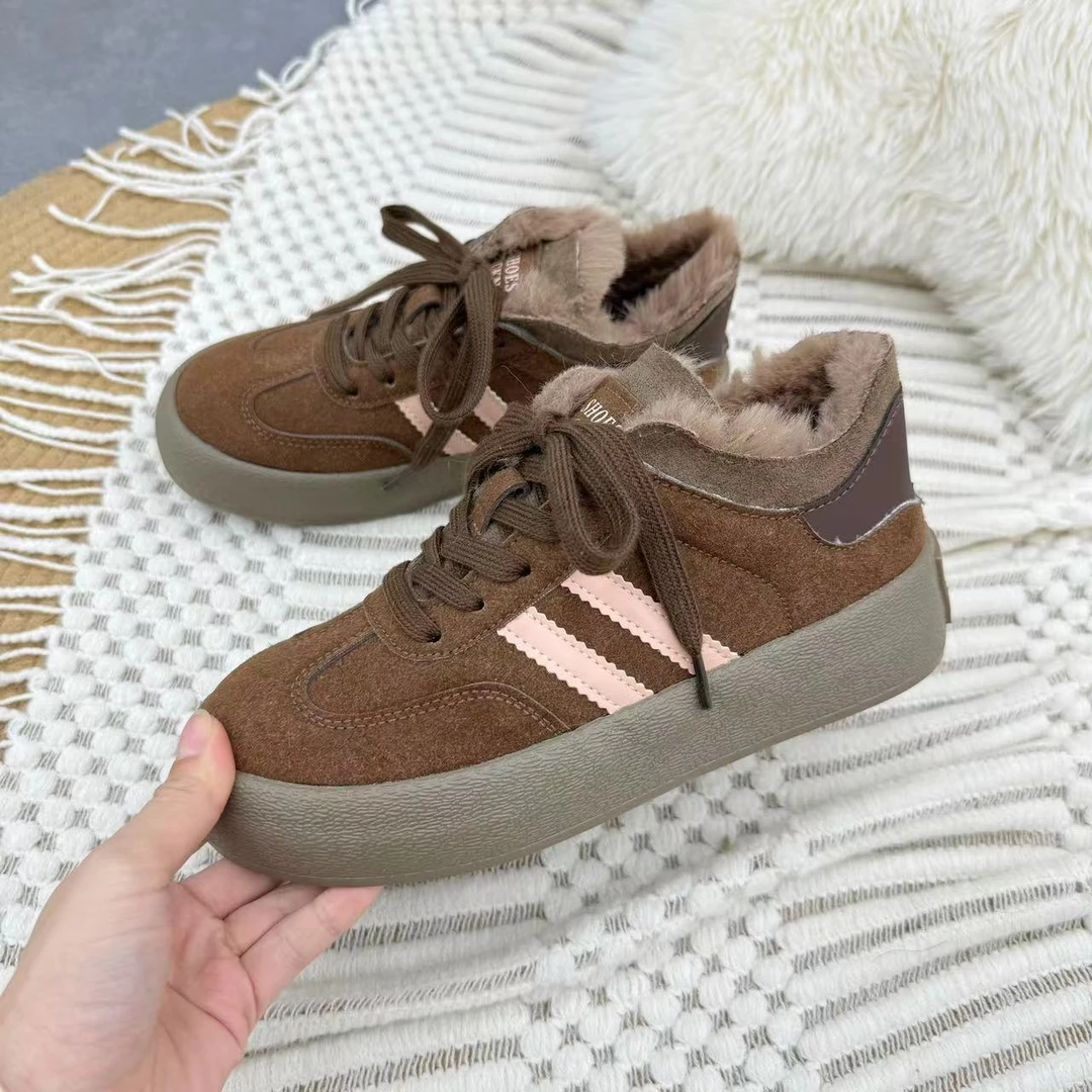 6361 棕色 复古德训鞋女2024新款加绒厚底运动休闲板鞋学生女鞋