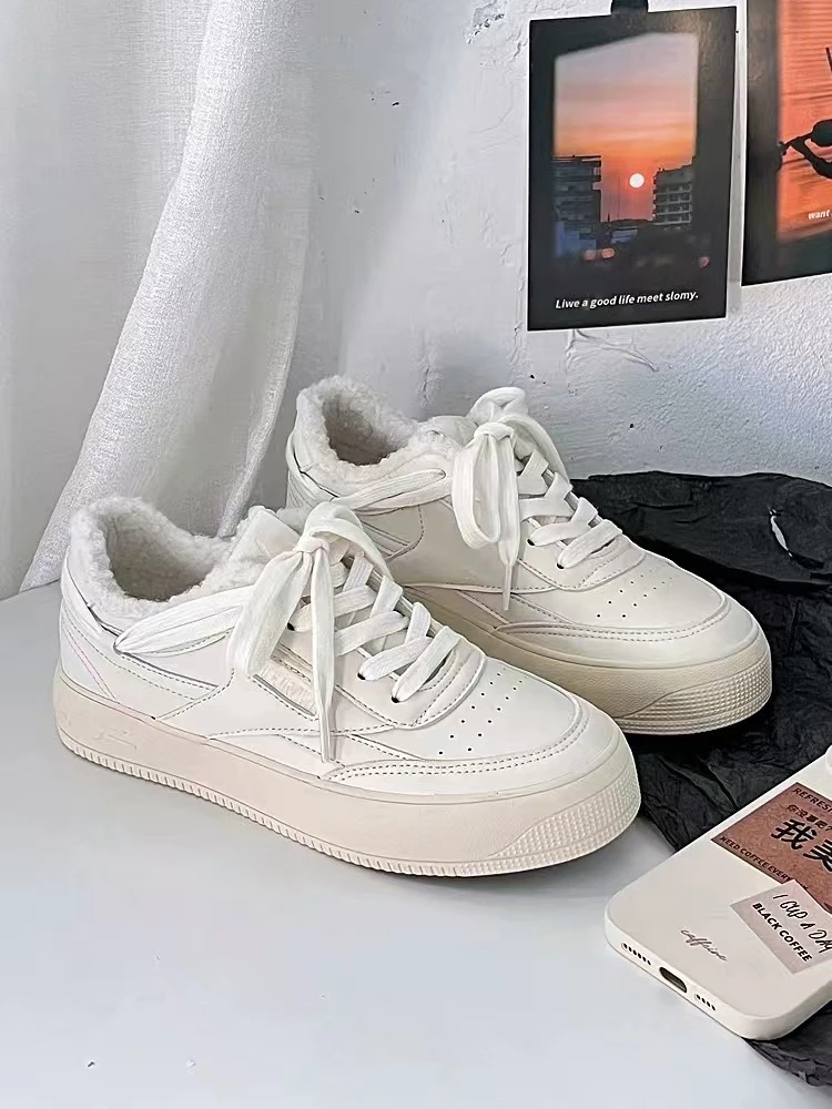 B-9037 米白 加绒小白鞋女2024新款厚底加绒保暖二棉鞋休闲板鞋女