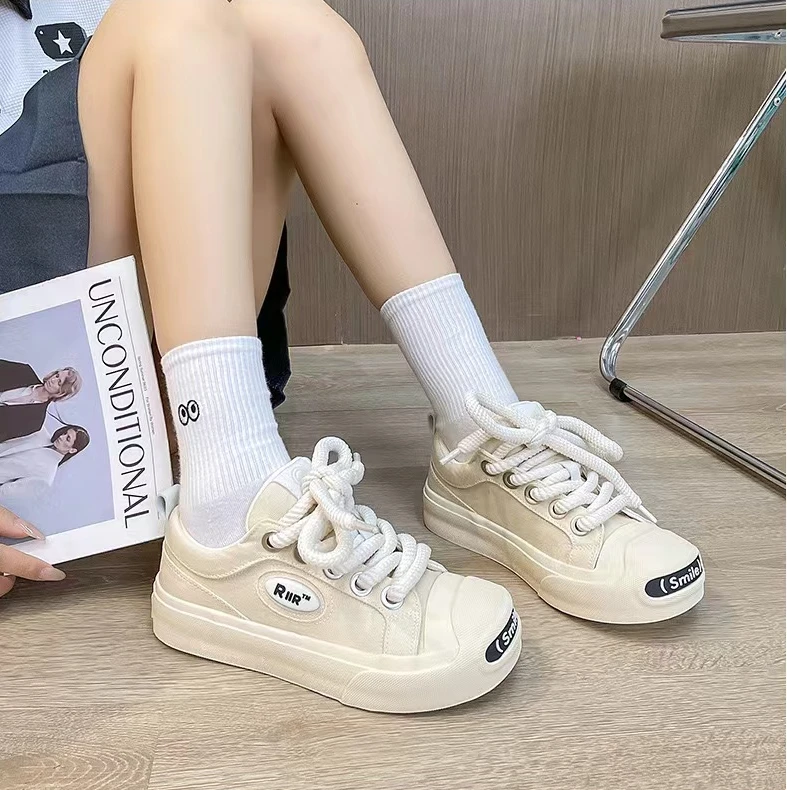 A71 米色 开口笑帆布鞋女2024潮流百搭小白鞋休闲厚底学生板鞋