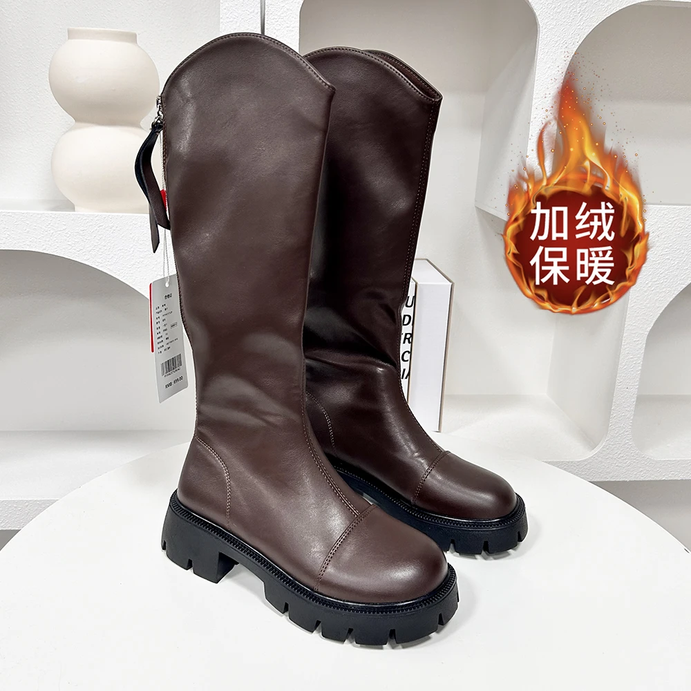 5752 棕色 长筒靴女2024秋冬新款V口高筒小筒围粗跟厚底长靴真皮