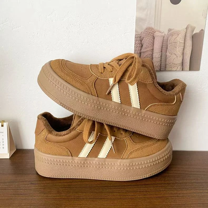 6586 复古加绒厚底板鞋女冬季保暖棉鞋2024新款百搭二棉德训鞋