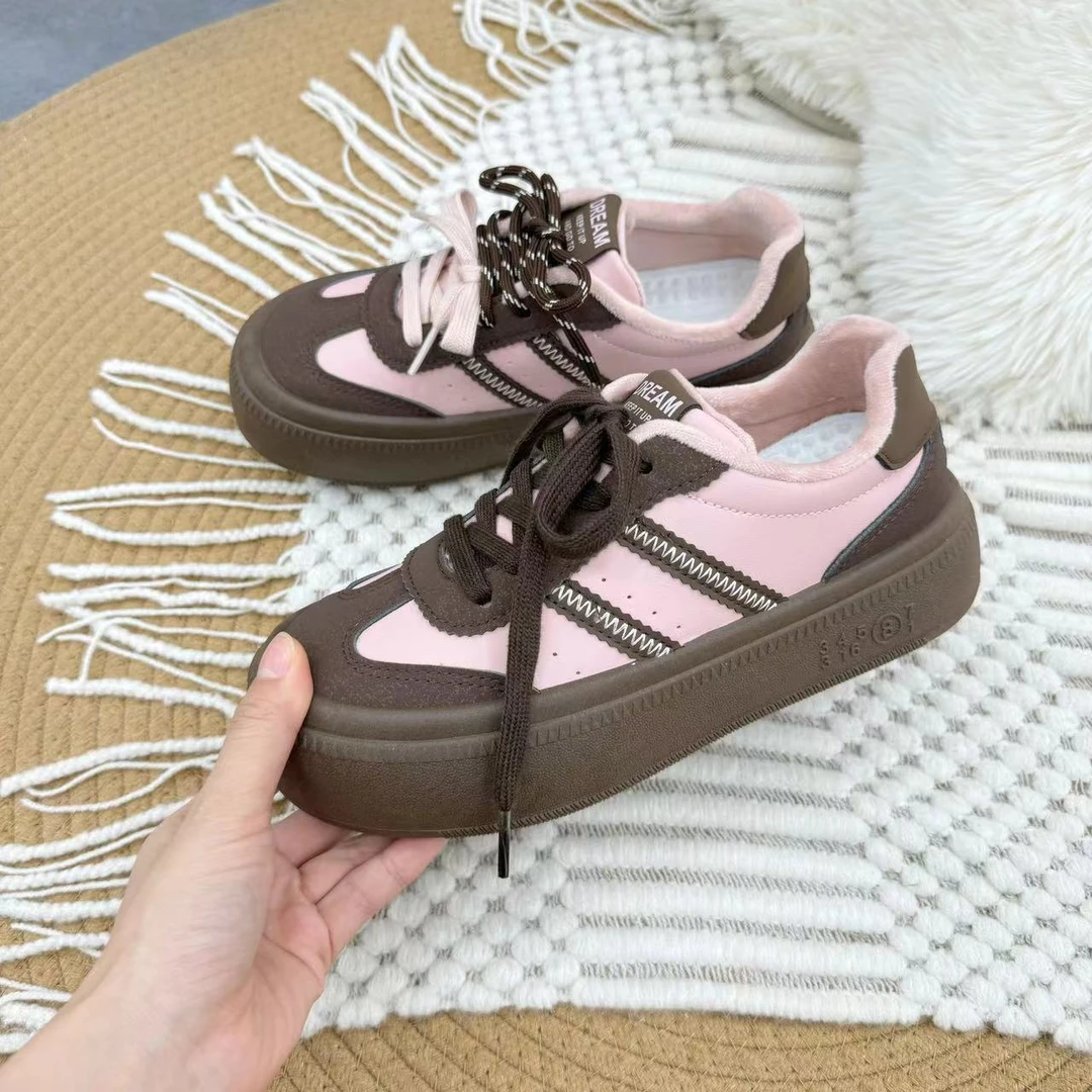FY-011 粉棕 加绒德训鞋女2024新款厚底小白鞋休闲运动板鞋