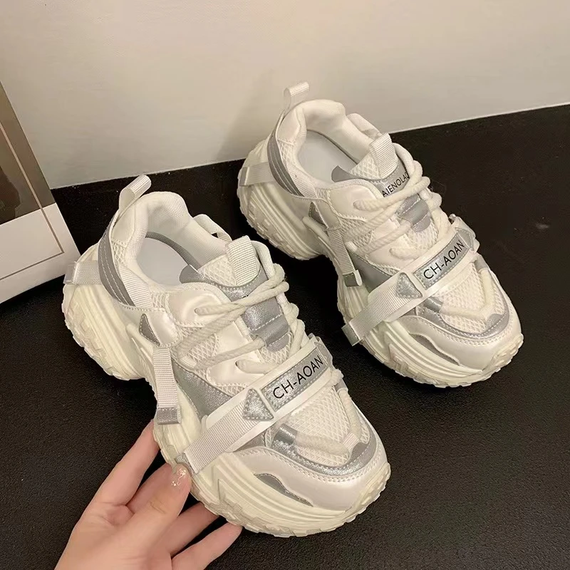 8010 白色 老爹鞋女2024夏季新款网面透气小白鞋运动厚底跑步鞋