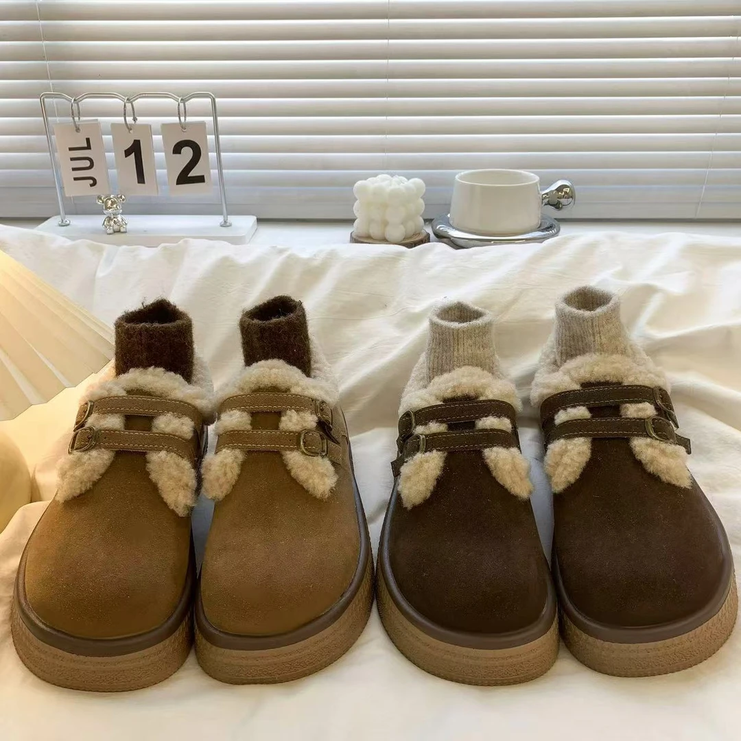 603 复古保暖厚底勃肯鞋棉鞋女2024新款增高加绒加厚一脚蹬雪地靴