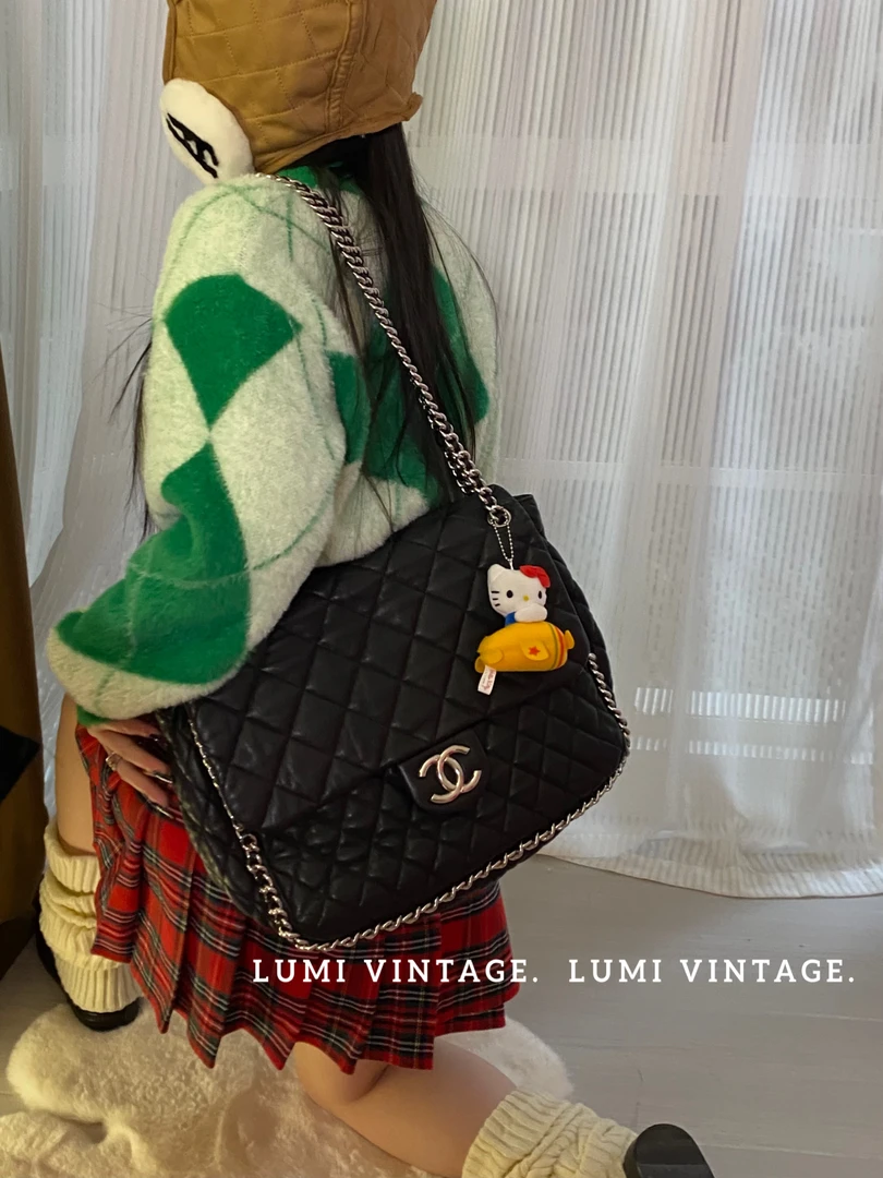95新 Chanel/香奈儿 黑银滚边机场单肩包84706171
