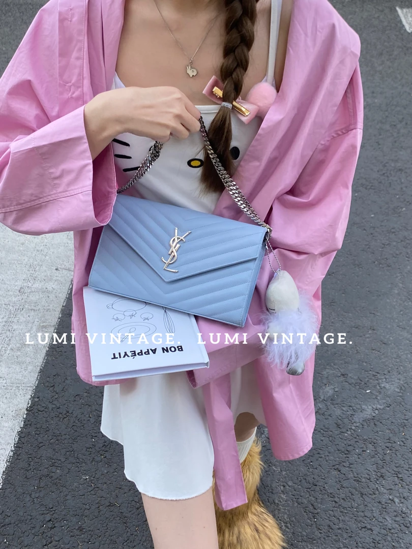 95新 YSL/圣罗兰 蓝色鱼子酱中号信封单肩包42783447