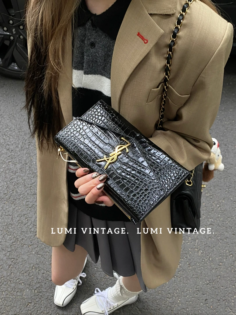 95新 YSL/圣罗兰 黑金鳄鱼压纹手包19862242
