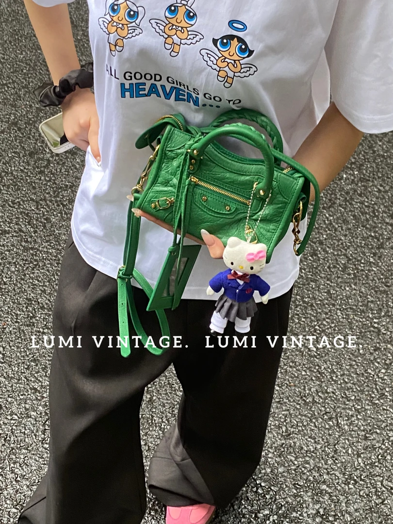 95新 Balenciaga/巴黎世家 绿色金扣羊皮nano机车单肩包60212657