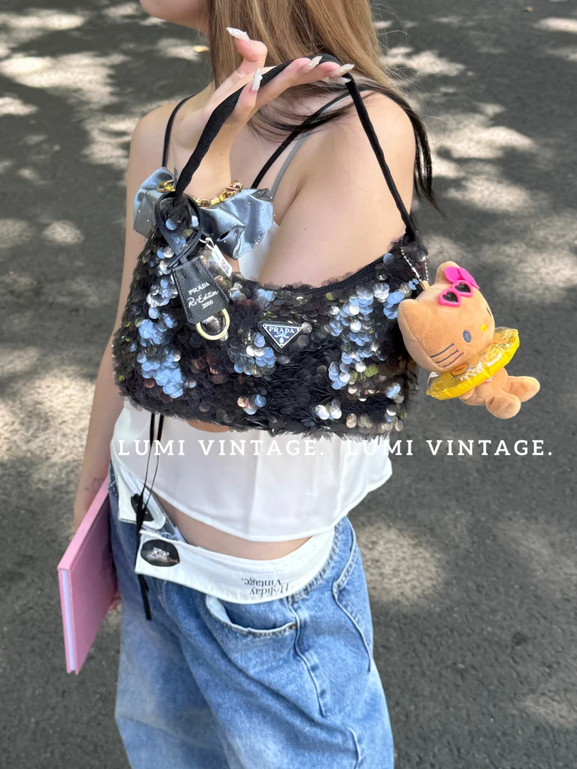 95新 Prada/普拉达 黑色亮片hobo单肩包20980094