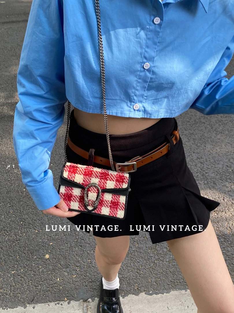 95新 GUCCI/古驰 毛呢红格子mini酒神单肩包53471664