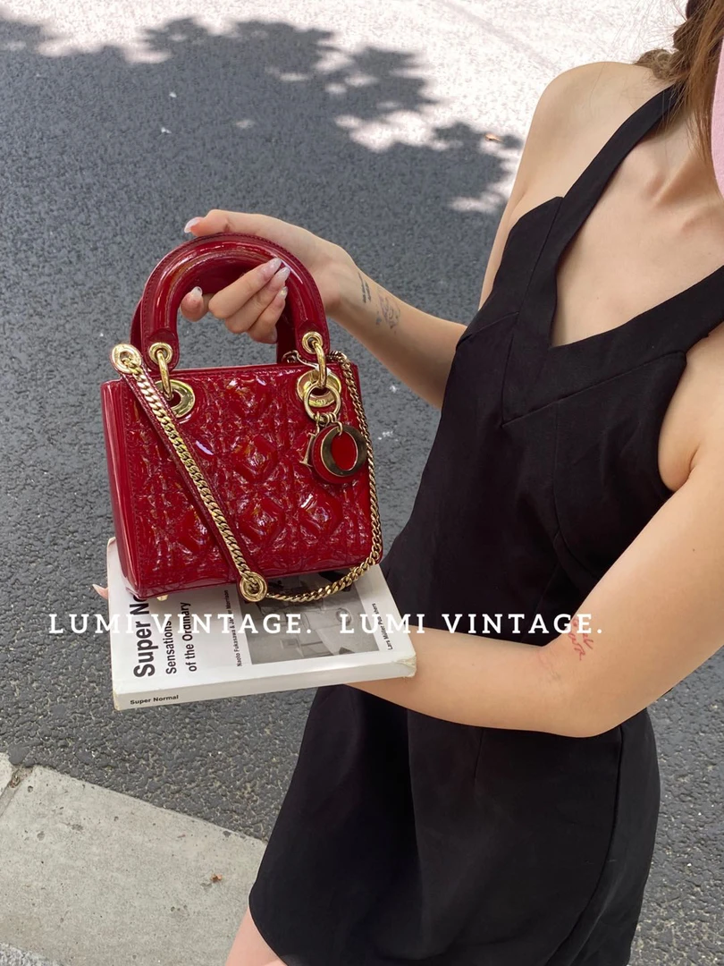 95新 DIOR/迪奥 红色漆皮三格戴妃包18479294
