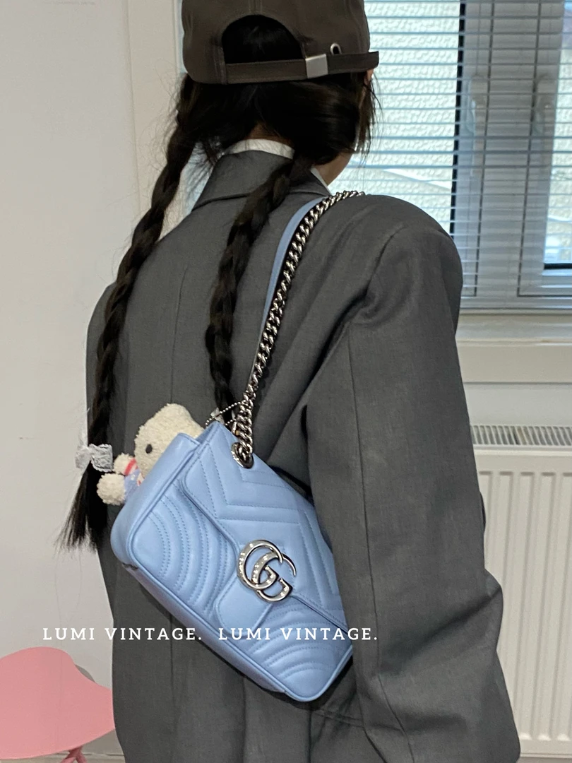 95新 GUCCI/古驰 蓝色牛皮马蒙22单肩包37719053