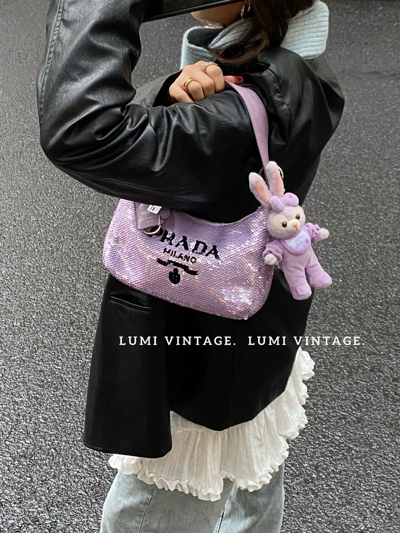 95新 Prada/普拉达 紫色亮片hobo单肩包18964238