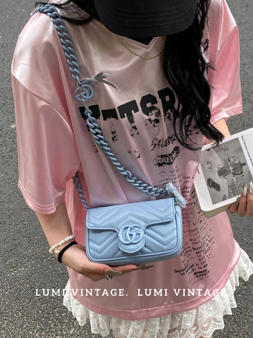 95新 GUCCI/古驰 蓝色牛皮新款mini马蒙单肩包73825080