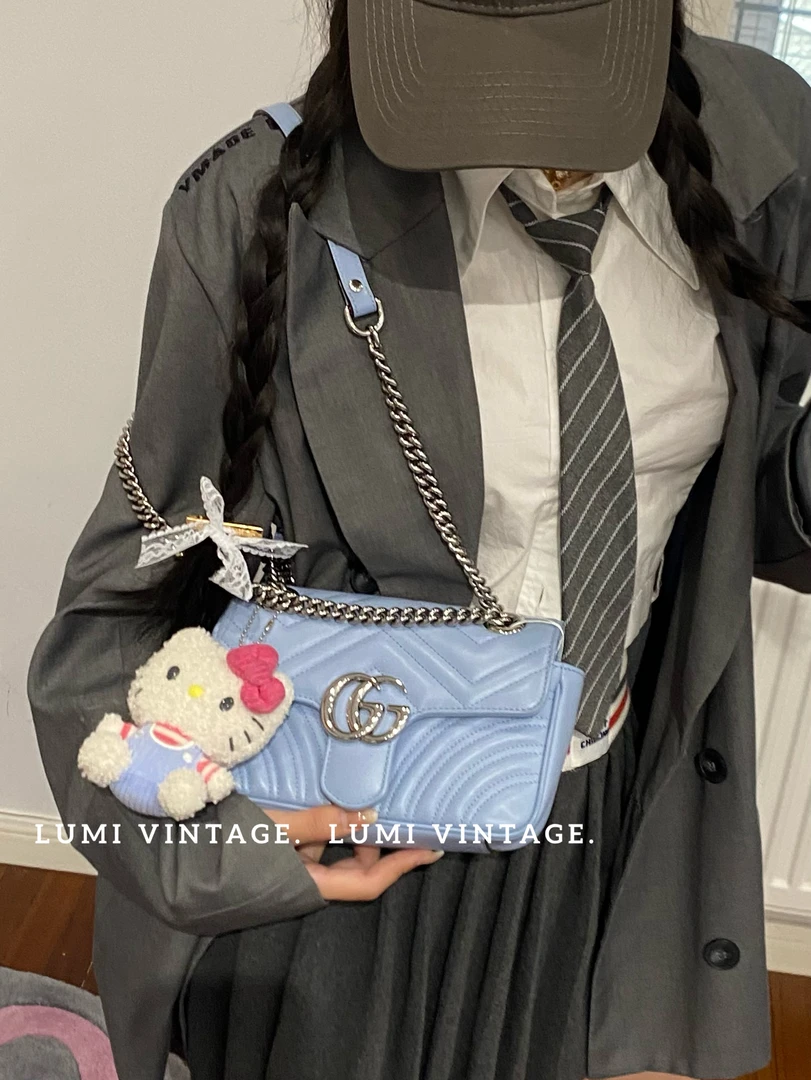 95新 GUCCI/古驰 糖果蓝牛皮马蒙22单肩包19320677