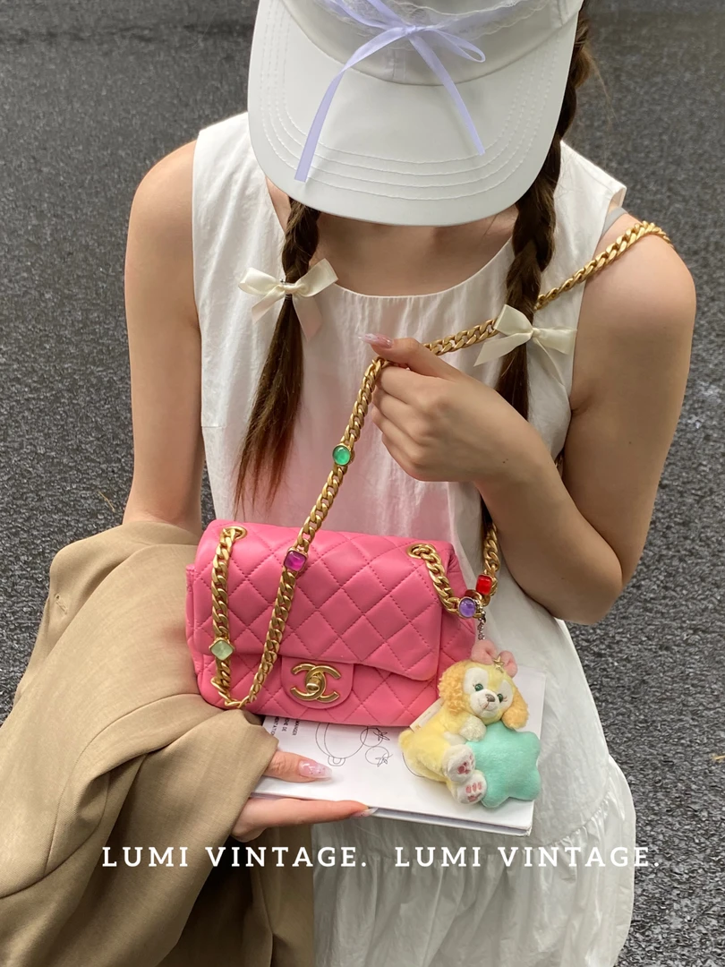 95新 Chanel/香奈儿 芭比粉五彩珠珠方胖包16419916