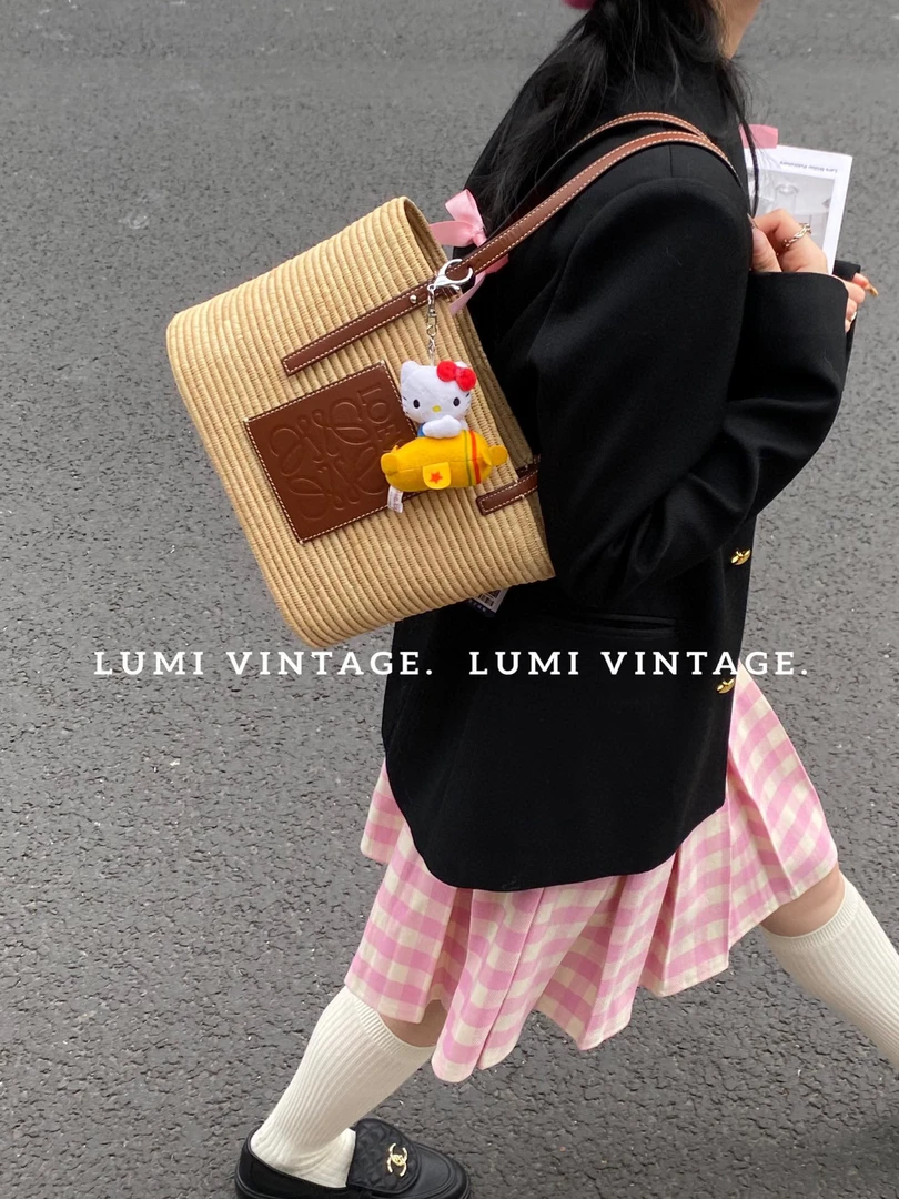 95新 LOEWE/罗意威 拼色草编托特包单肩包16022560
