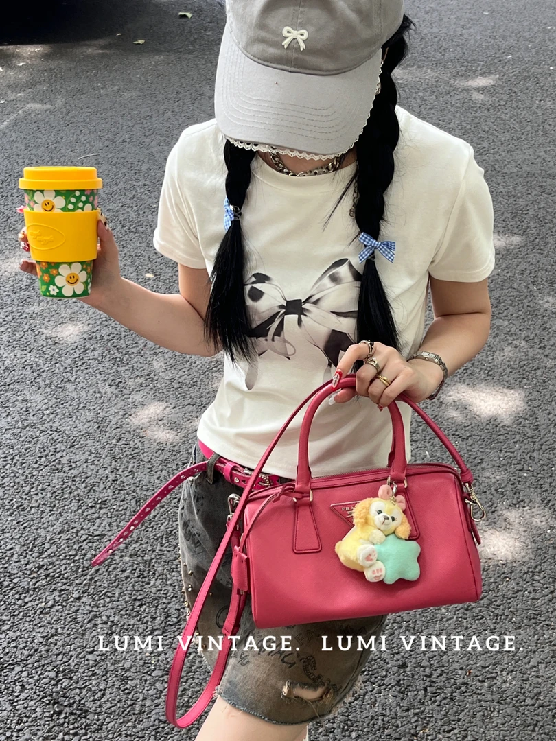 95新 Prada/普拉达 玫粉色十字纹牛皮小号波士顿包61581321