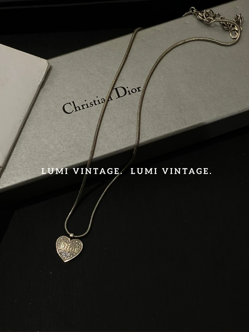 95新 DIOR/迪奥 银色爱心logo满钻项链55911749