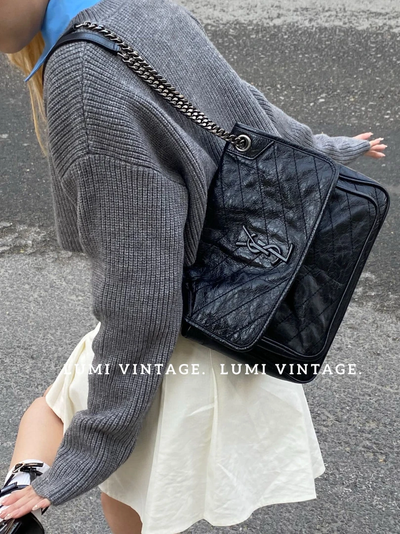 95新 YSL/圣罗兰 黑色油蜡牛皮中号niki包46293686