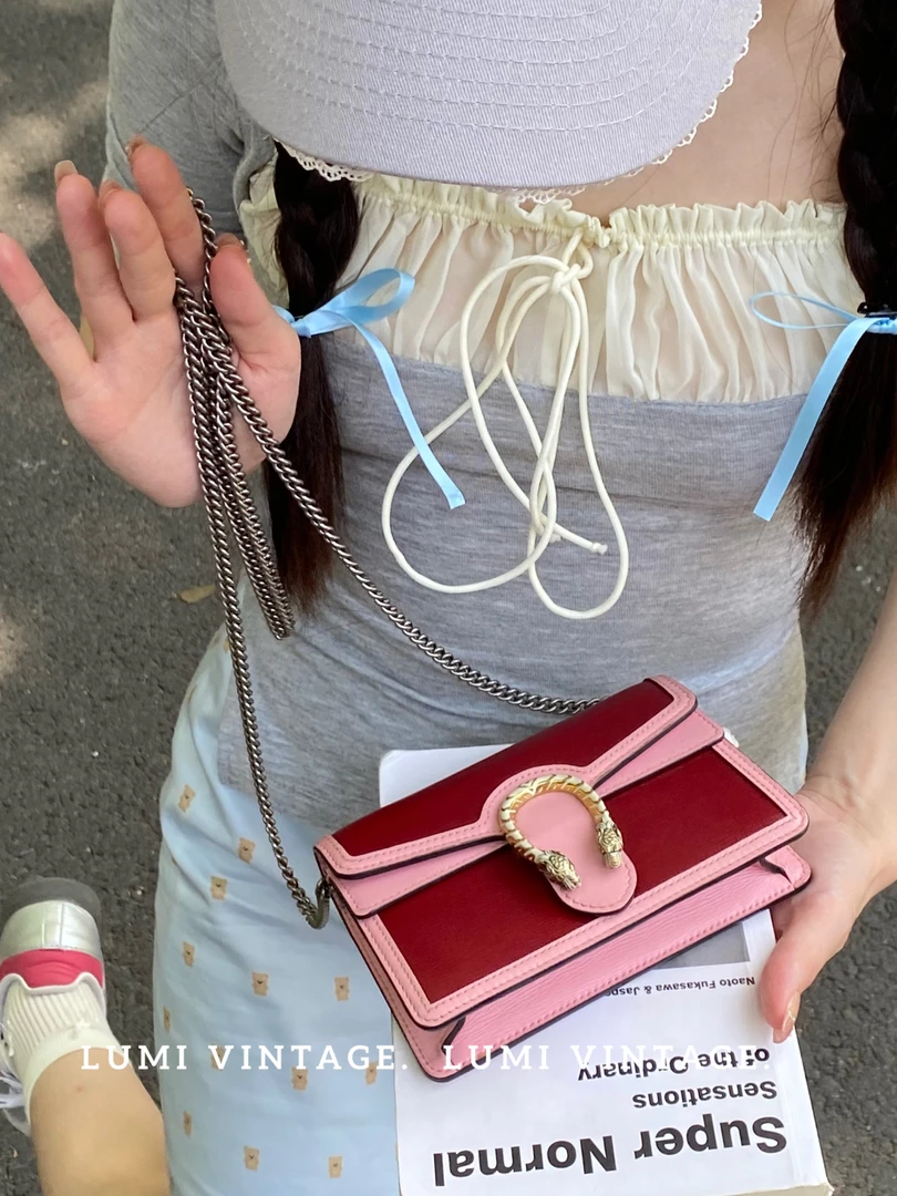 95新 GUCCI/古驰 粉拼色牛皮mini酒神(无龙虾扣) 单肩包72346664
