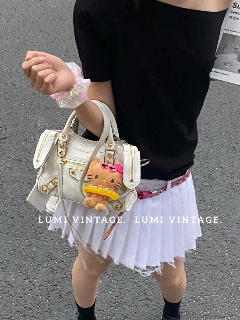 95新 Balenciaga/巴黎世家 白金牛皮mini机车包 52397153