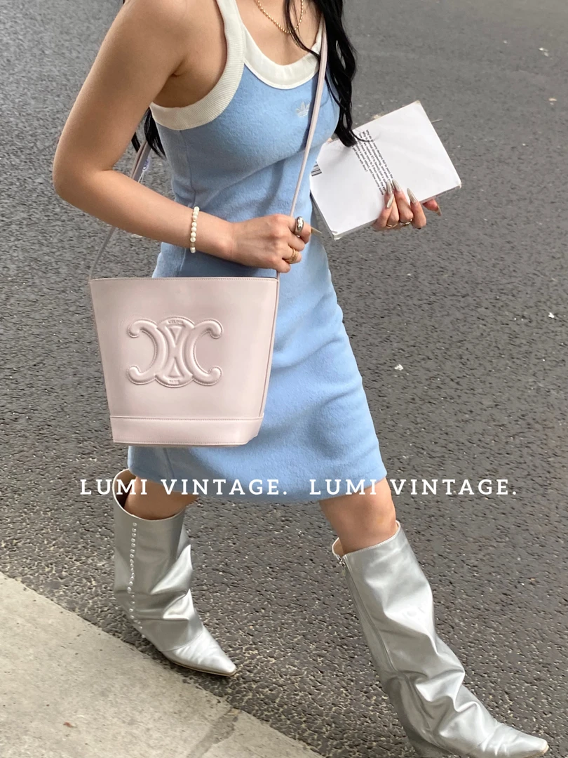 95新 Celine/思琳 粉色牛皮小号凯旋门水桶包46295489