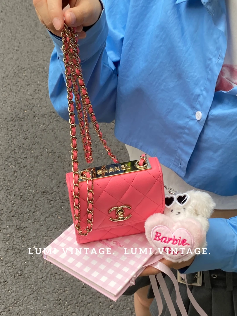 95新 Chanel/香奈儿 mini trendycc芭比粉羊皮金扣盒子包30526515