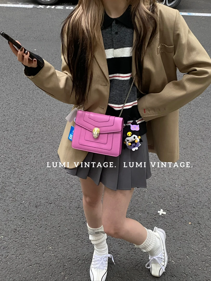 95新 BVLGARI/宝格丽 粉紫色牛皮小号风琴包 41685365