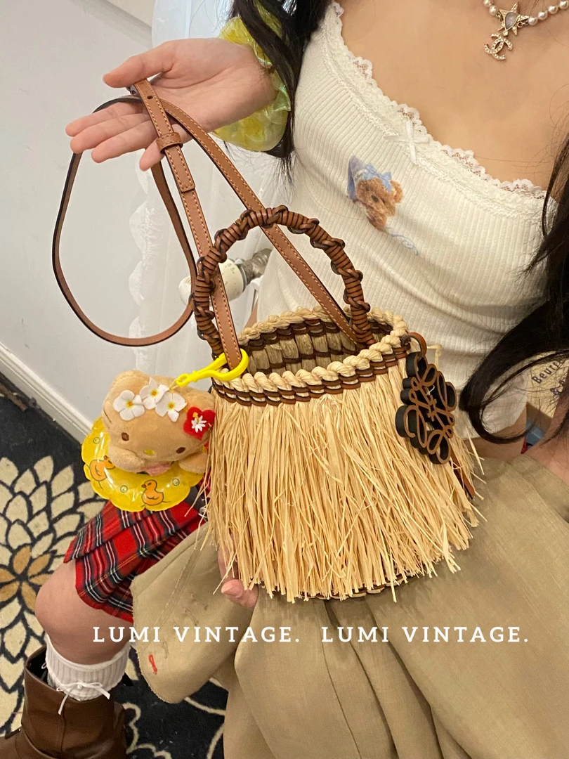 95新 LOEWE/罗意威 草编秀款菜篮子斜挎包 94540196