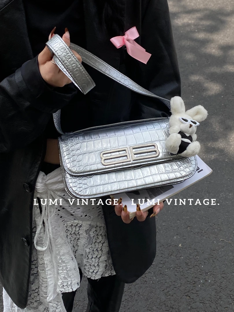 95新 Balenciaga/巴黎世家 银色鳄鱼压纹gossipbag包80249052