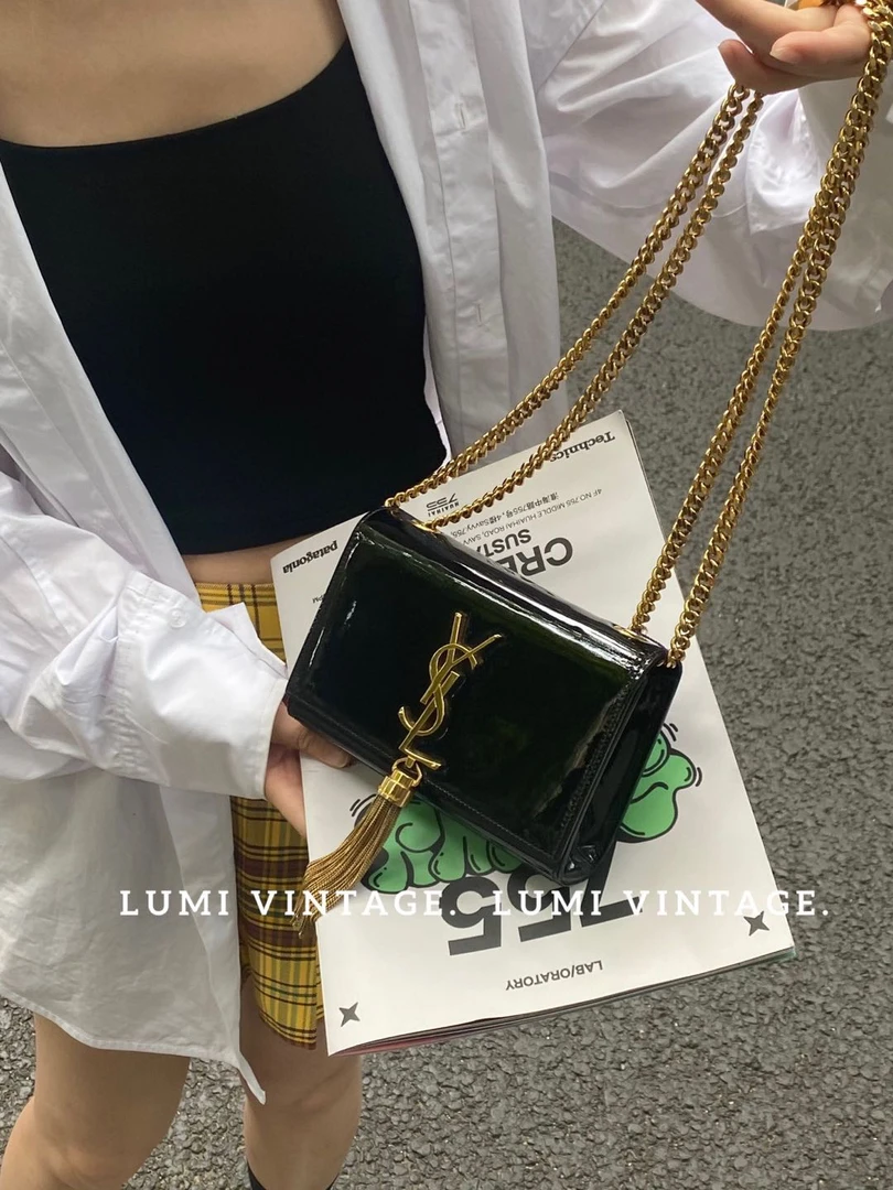 95新 YSL/圣罗兰 黑色漆皮mini kate包45649363