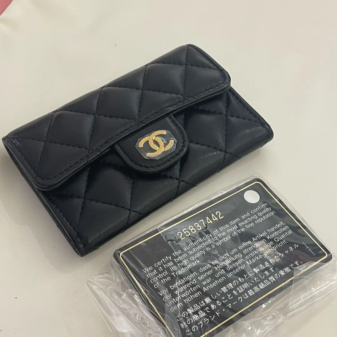 95新 Chanel/香奈儿 黑金羊皮卡包30872175