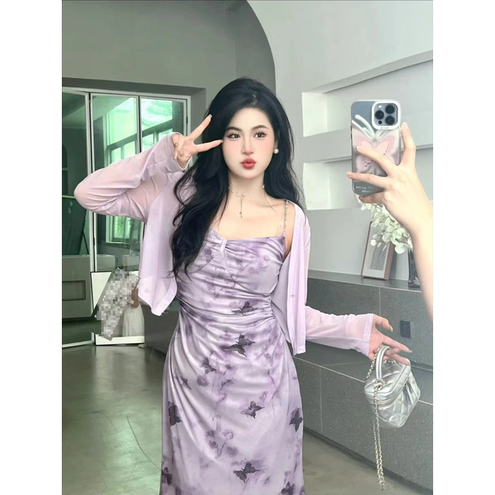 【现货1】嘎嘎02211C+04204C大码胖mm网纱气质水墨连衣裙开衫两件套