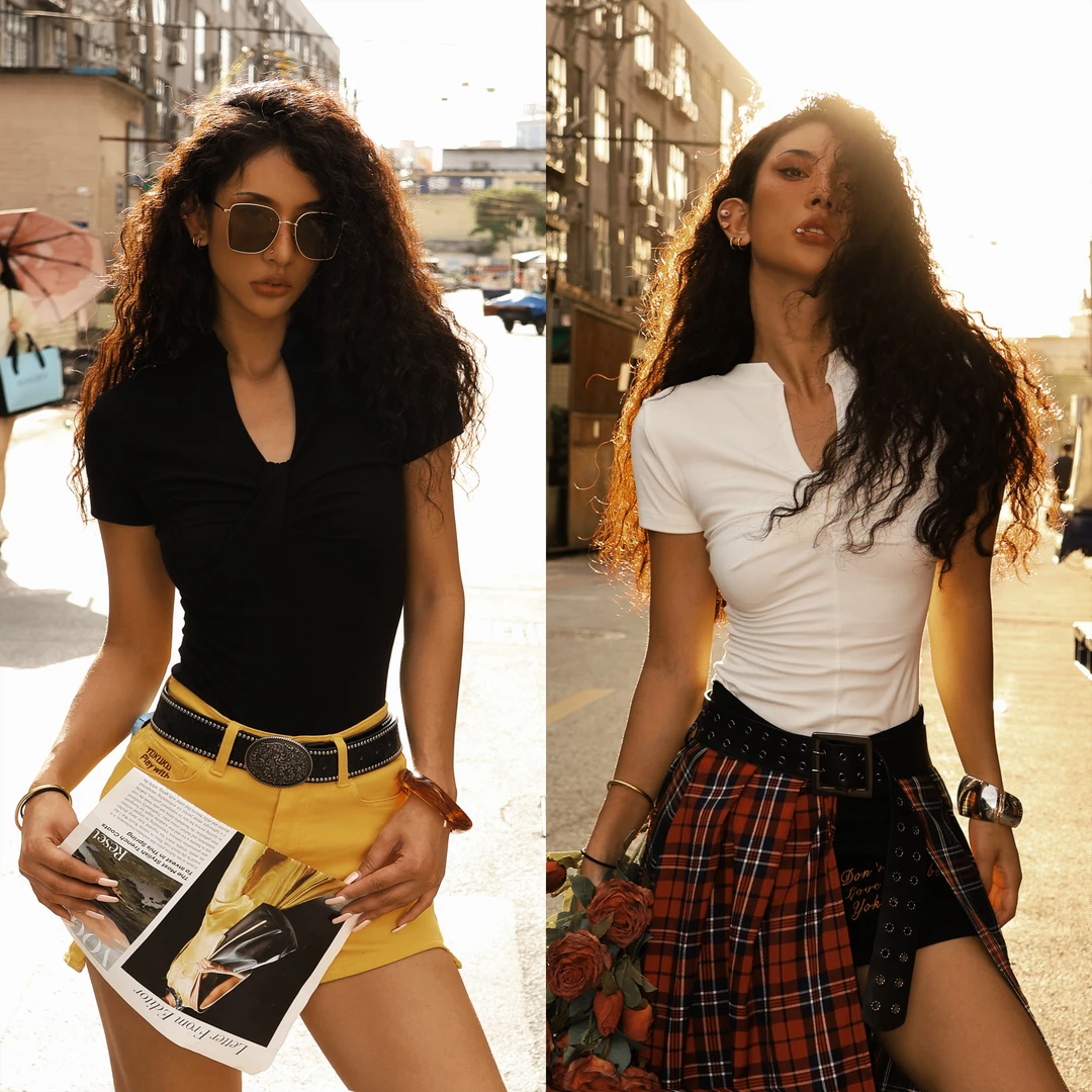 哟酷酷（情绪胶囊）显瘦T恤上衣美式复古时尚百搭两亨利V领多穿修身