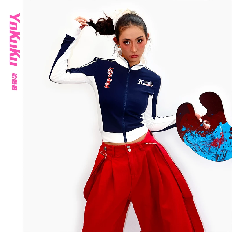 哟酷酷（偏爱）美式拼色刺绣时尚卫衣半高领修身显瘦拉链开衫长袖