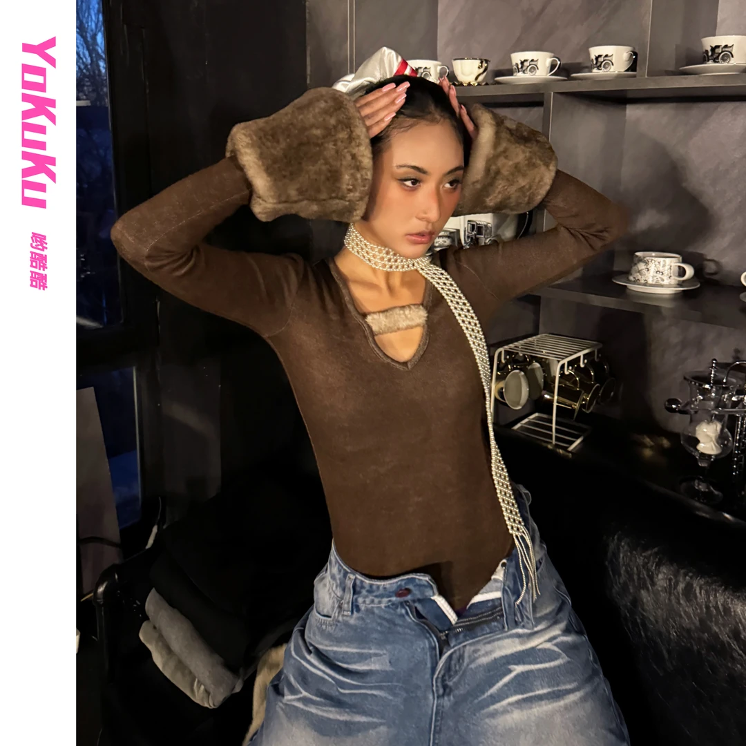 哟酷酷（黛莉的猫）美式复古深V领拼接显瘦喇叭毛毛袖长袖上衣123