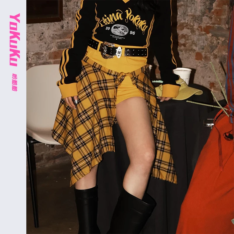 哟酷酷（快乐出发）美式复古格子不规则一片式百搭遮胯半围裙
