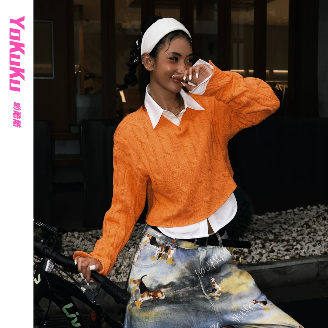 哟酷酷（朝暮来信）美式复古小众麻花圆领套头毛衣百搭长袖毛织罩衫