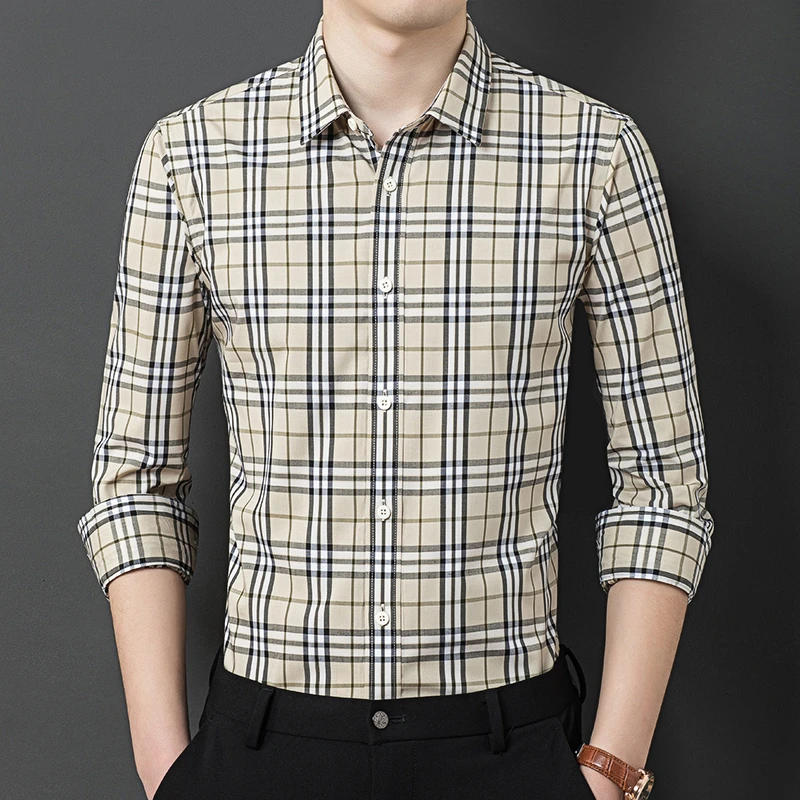 【专柜同款】英伦男士轻奢春秋季梭织竹纤维格子格休闲长袖免烫衬衫